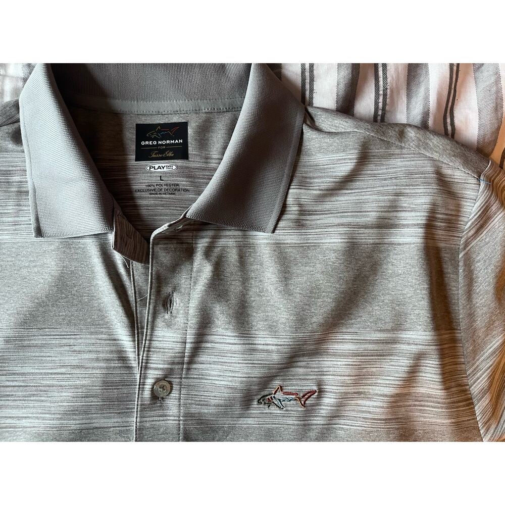 Greg Norman Golf Polo Men's LARGE White pinstripes The Shark Gray Cool